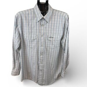 Orvis Trout Bum Mens Med Blue Plaid Pearl Snap Western Fishing Shirt Mesh Back
